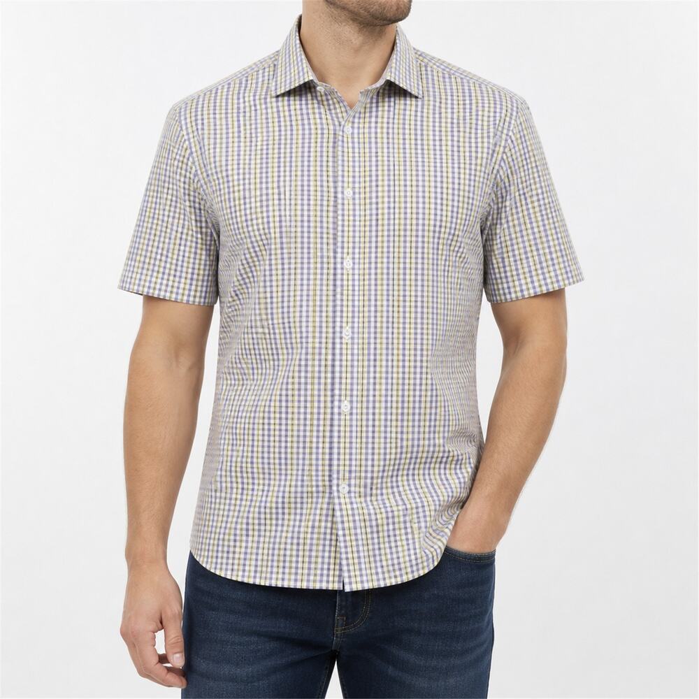 Bugatchi Shirt Mens Large Purple Yellow Plaid Short Sleeve Shaped Fit Cotton